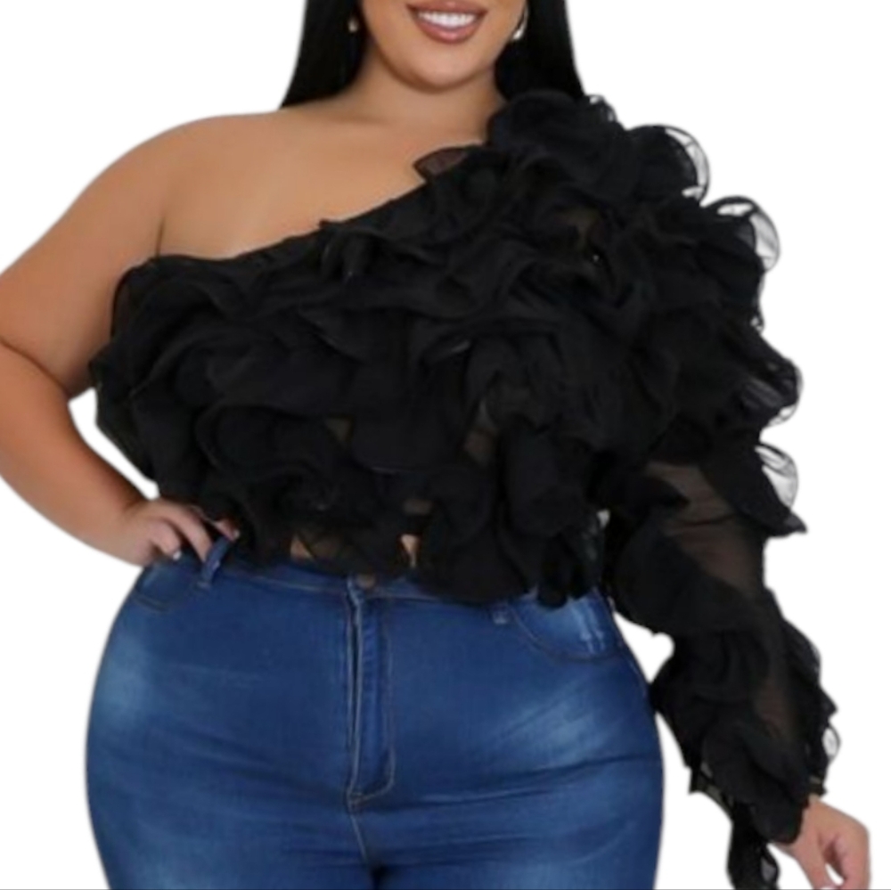 Midnight Bloom One-Shoulder Ruffle Crop Top Plus Size Black - Picture 6 of 8
